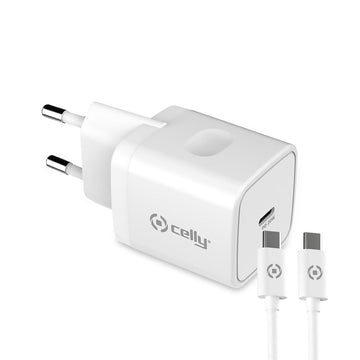 Stenski Polnilec + USB C Kabel Celly Bela 20 W