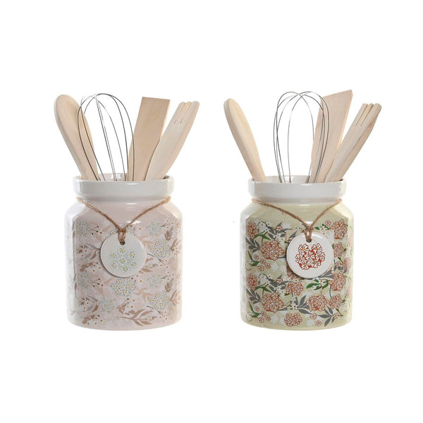 Set of Kitchen Utensils DKD Home Decor Dolomite MDF Wood 12 x 12 x 25 cm Pink Flowers (2 Units)