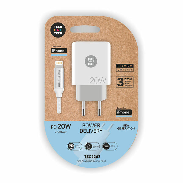 Chargeur Mural + Câble Lightning MFI Tech One Tech Blanc 20 W