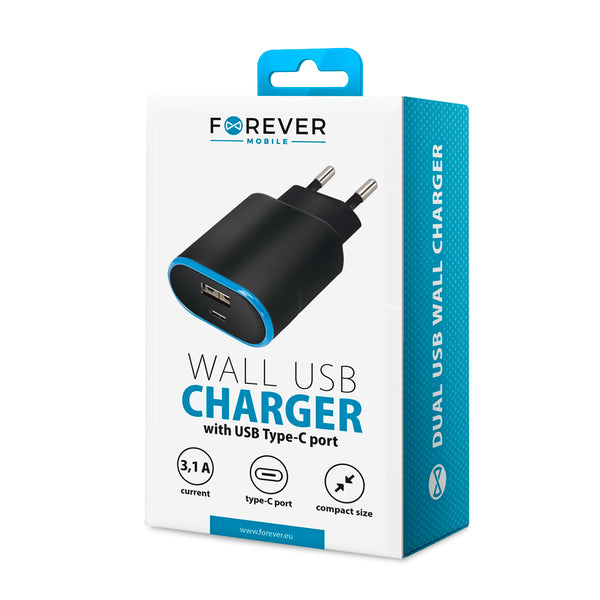 Forever TC-03 charger 1x USB 1x USB-C 3,1A black