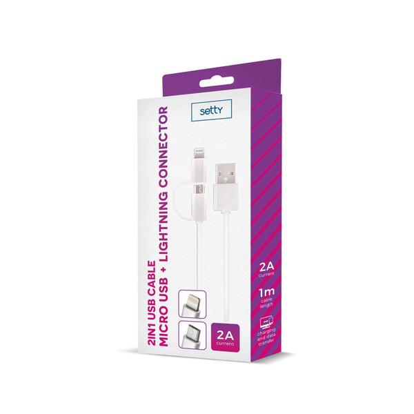 Setty 2in1 cable USB - Lightning + microUSB white nylon