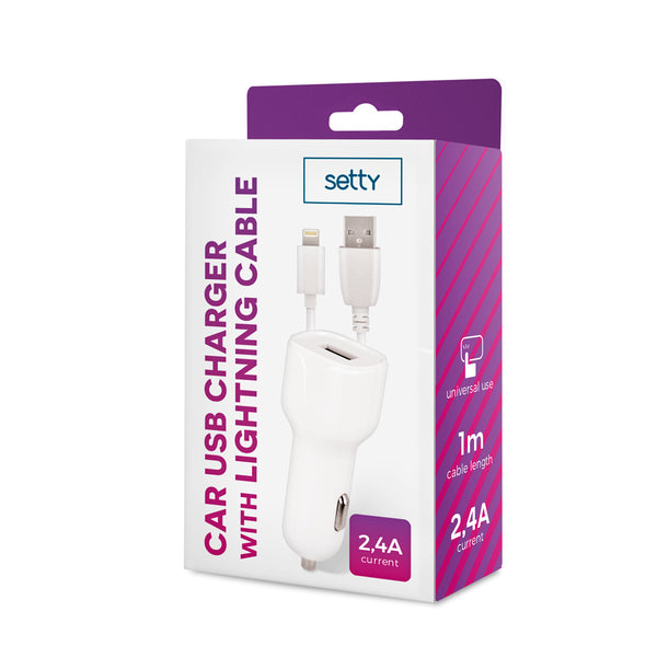 Setty car charger 1x USB 2,4A white + Lightning cable 1,0 m