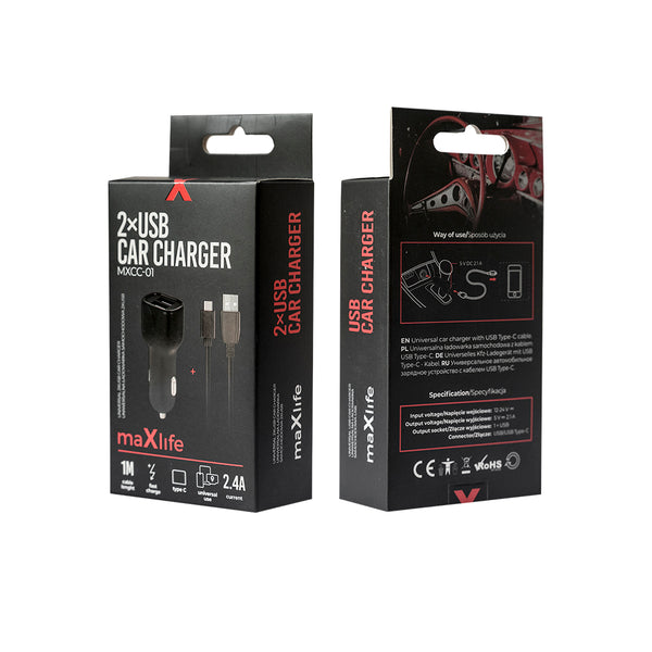 Maxlife MXCC-01 car charger 2x USB 2.4A black + USB-C cable