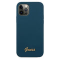 Guess case for iPhone 12 Pro Max 6,7&quot; GUHCP12LLSLMGBL blue hard case Silicone Script Gold Logo