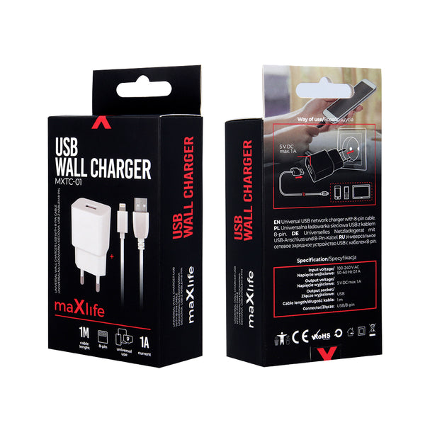 Maxlife MXTC-01 charger 1x USB 1A white + Lightning cable