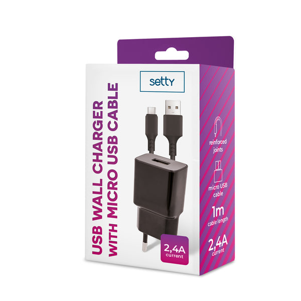 Setty charger 1x USB 2,4A black + microUSB cable 1,0 m NEW