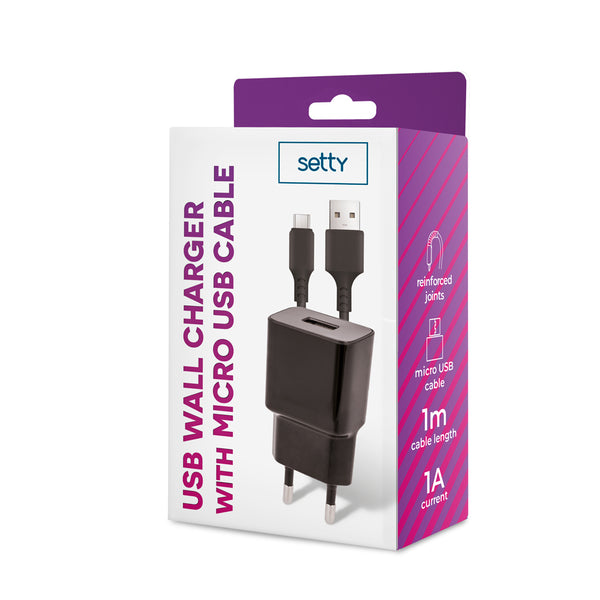 Setty charger 1x USB 1A black + microUSB cable 1,0 m NEW