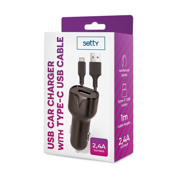 Setty car charger 1x USB 2,4A black + USB-C cable 1,0 m