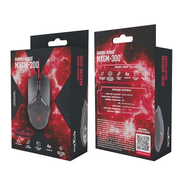 Maxlife Gaming MXGM-200 mouse 800/1000/1600/2400 DPI 1,8 m black