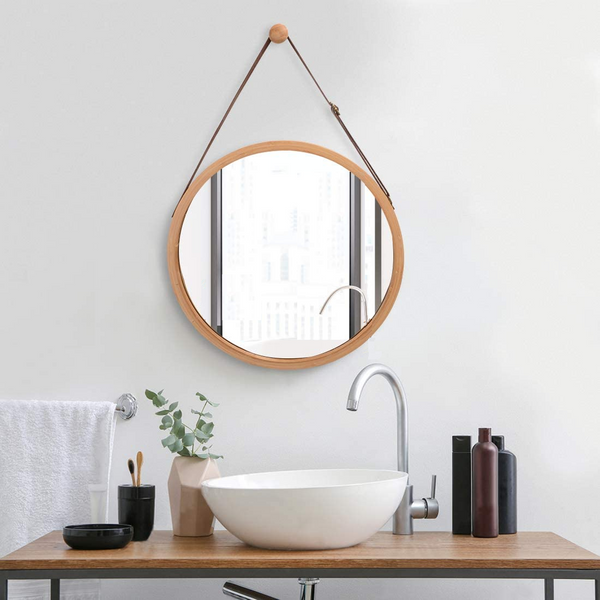 CARLA HOME Hanging Round Wall Mirror 38 cm - Solid Bamboo Frame and Adjustable Leather Strap for Bathroom and Bedroom