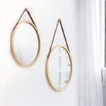 CARLA HOME Hanging Round Wall Mirror 38 cm - Solid Bamboo Frame and Adjustable Leather Strap for Bathroom and Bedroom