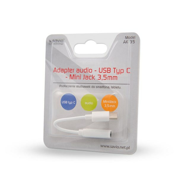 USB C to Jack 3.5 mm Adapter Savio AK-35 White 0,12 m