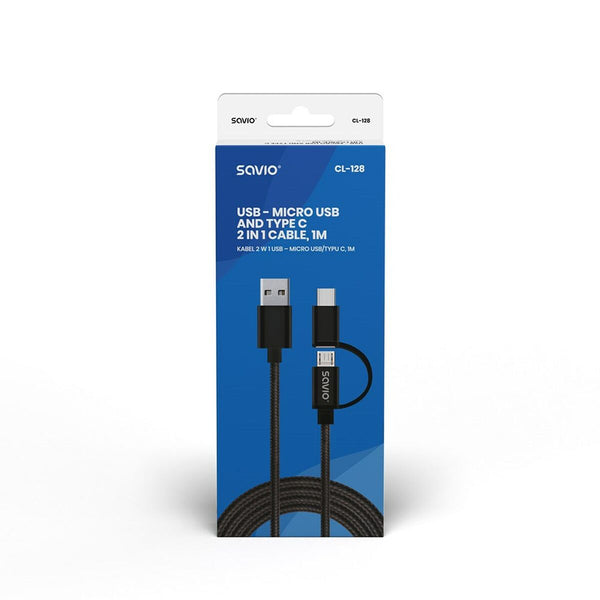 USB-Kabel auf Micro-USB und USB C Savio CL-128 Schwarz 1 m