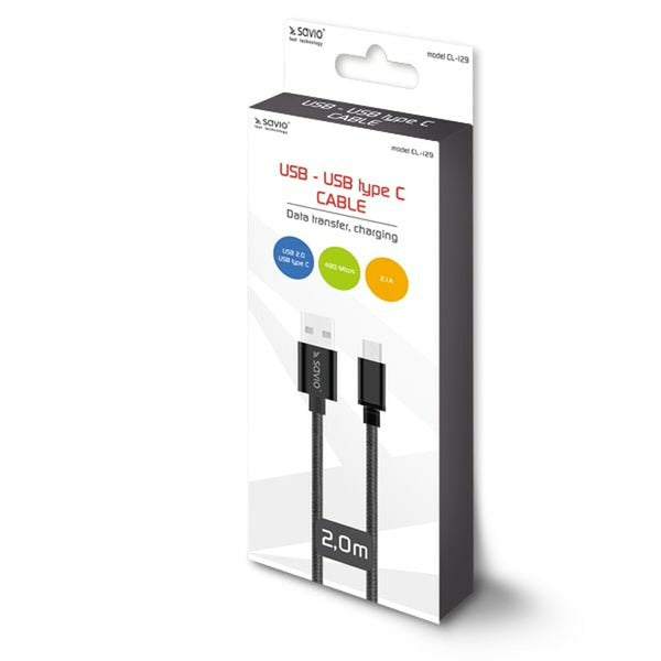 Kabel USB A v USB C Savio CL-129 Črna 2 m