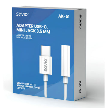 USB-C to Jack 3.5 mm Adapter Savio AK-51 White 11 cm