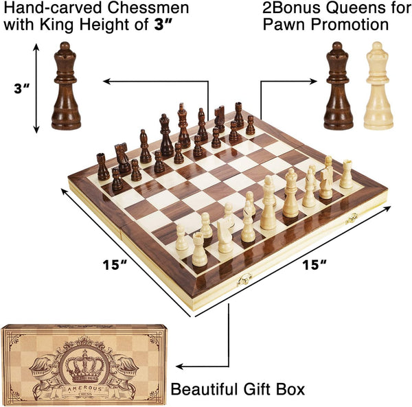 15 Inches Magnetic Wooden Chess Set - 2 Extra Queens - Folding Board, Handmade Portable Travel Chess Board Game
