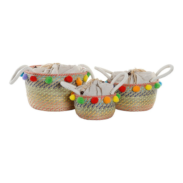 Basket set DKD Home Decor Cotton Pompoms Boho Seagrass (3 pcs)