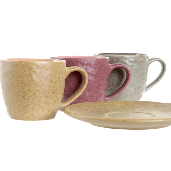 Set of Mugs with Saucers DKD Home Decor Grey Maroon Stoneware Mustard (3 pcs) (90 ml)