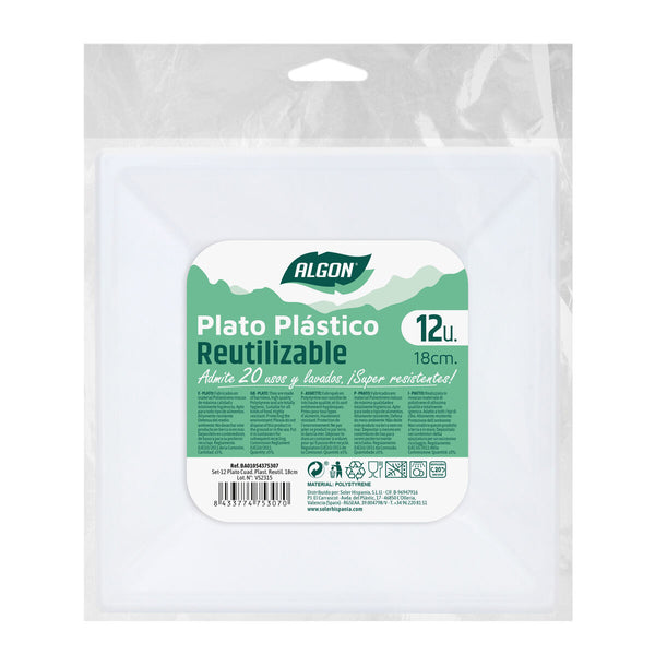 Set of reusable plates Algon Squared Plastic 18 cm 12 Units
