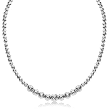 Sterling Silver Rhodium Plated Graduated Motif Polished Bead Necklace