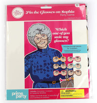 The Golden Girls Pin the Glasses on Sophia Party Game § Poster: 19.5" x 27.5", Includes 12 glasses (stickers) and one polyester blindfold.