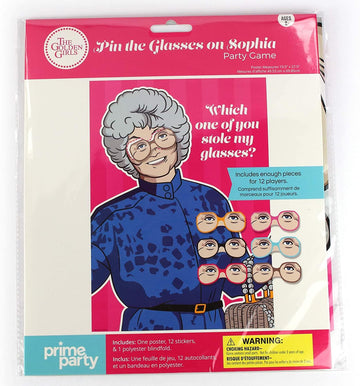 The Golden Girls Pin the Glasses on Sophia Party Game § Poster: 19.5" x 27.5", Includes 12 glasses (stickers) and one polyester blindfold.