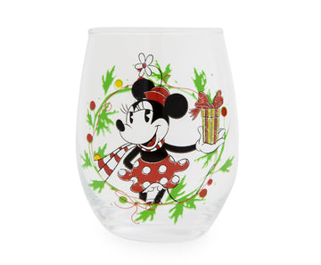 Disney Minnie Mouse Christmas Wreath Stemless Wine Glass § Holds 20 Ounces