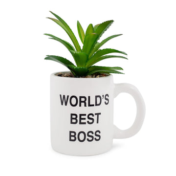 The Office Worlds Best Boss Mini Ceramic Planter with Artificial Plant § 4” L x 4.5” H x 3.25” W