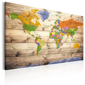Canvas Print - Map on wood: Colourful Travels