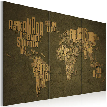 Canvas Print - The map of the World, German language:Beige continents - triptych