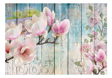 Wallpaper - Pink Flowers on Wood