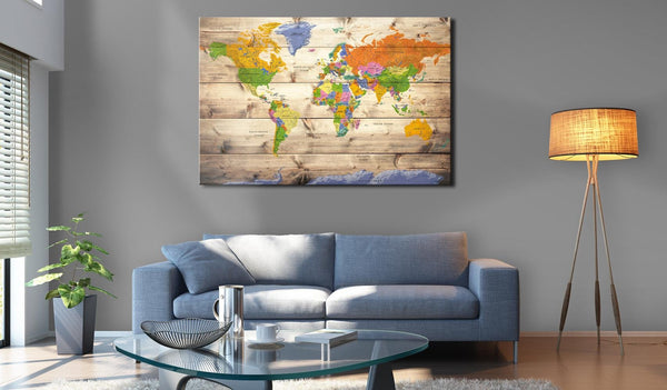 Canvas Print - Map on wood: Colourful Travels