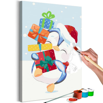 DIY canvas painting - Penguin With a Gift