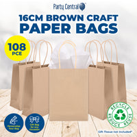 Party Central 108PCE Gift/Craft Paper Bags Brown Reusable 12 x 16cm