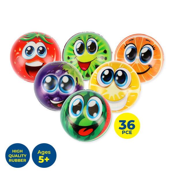 Party Central 36PCE Smiley Fruit Stress Balls High Quality Rubber Toy 6.3cm