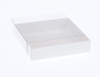 10 Pack of 10cm Square Invitation Coaster Favor Function product Presentation Cookie Biscuit Patisserie Gift Box - 2cm deep - White Card with Clear Slide On PVC Lid
