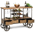 Industrial Style Wooden Bar Cart Drinks Trolley Station with Wine Bottle Rack