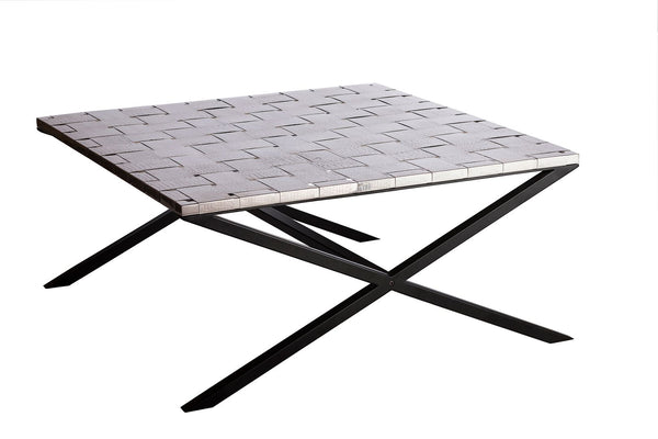 Large Square Black Coffee Table with Stainless Steel Woven Top