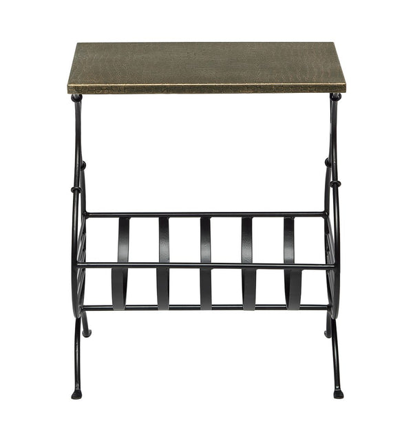 Black Iron Narrow Side Table with Magazine Storage and Gold Finish Top