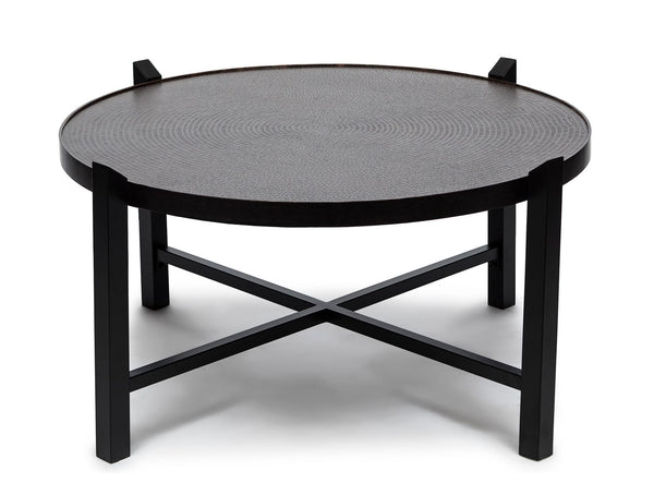 Modern Black Round Coffee Table with Copper Finish Engraved Top