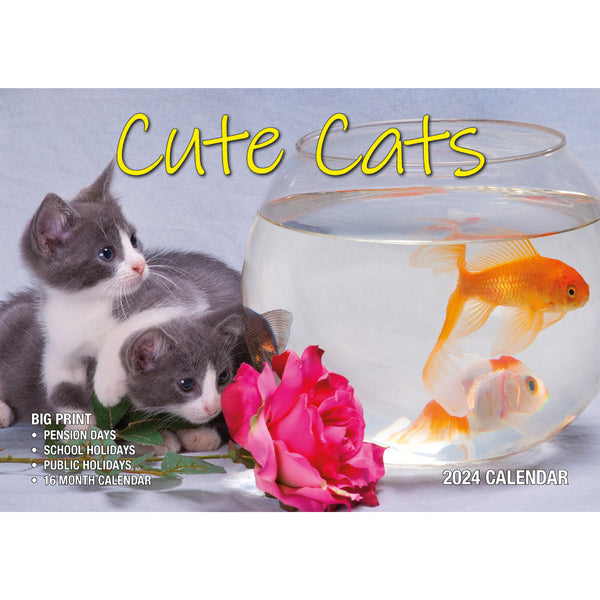 Cute Cats - 2024 Rectangle Wall Calendar 16 Months Planner Animal Pets Photos