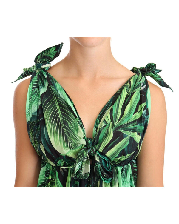 Flared Mini A-line Dress with Philodendron Leaf Print 40 IT Women