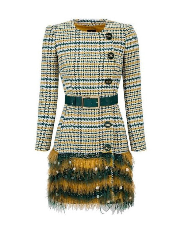 Elisabetta Franchi Tartan Texture Dress with Front Buttons and Ecoleather Belt 40 IT Women