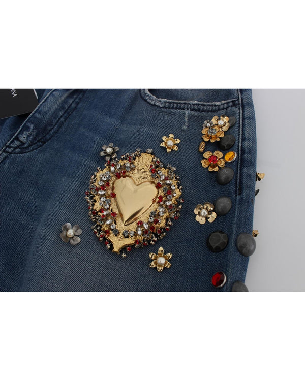 Enchanted Sicily Crystal Heart Roses Boyfriend Fit Jeans 36 IT Women