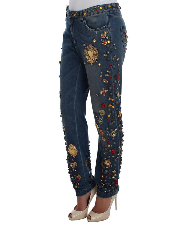 Enchanted Sicily Crystal Heart Roses Boyfriend Fit Jeans 38 IT Women