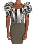 Cropped Top with Puff Sleeves and Crystal Button Embellishment 36 IT Women