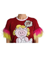 New Dolce &amp; Gabbana Short Sleeves Crew Neck T-shirt with Pig Print Embroidery 36 IT Women