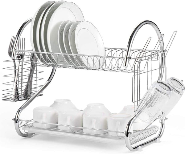 CARLA HOME 2 Tier Dish Rack with Drain Board for Kitchen Counter and Plated Chrome Dish Dryer Silver 42 x 25,5 x 38 cm