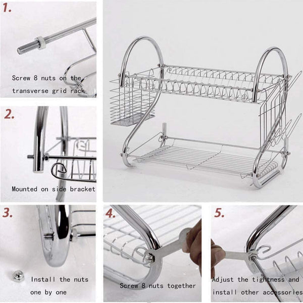 CARLA HOME 2 Tier Dish Rack with Drain Board for Kitchen Counter and Plated Chrome Dish Dryer Silver 42 x 25,5 x 38 cm