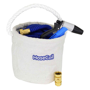 HoseCoil Canvas Bucket w/75&#39; Expandable Hose, Rubber Tip Nozzle &amp; Quick Release